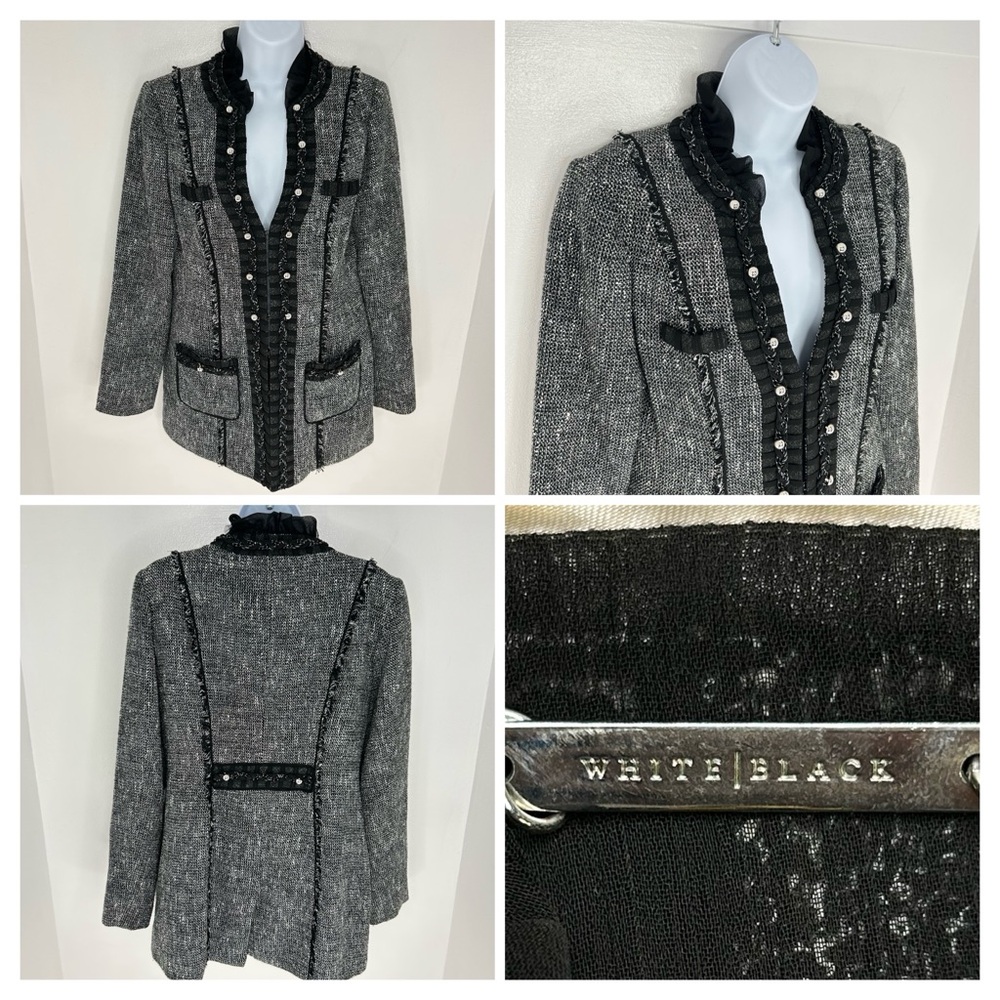WHBM White House Black Market‎ Tweed Fringe Blazer Jacket Womens Size 4 Black